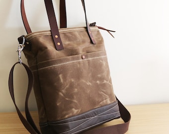 Waxed Canvas tote - heavy weight water resistant and genuine leather accents - 010273