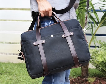 Waxed Canvas Briefcase bag - handmade by Alex M Lynch - 010279