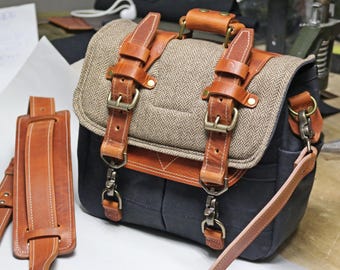 Petite crossbody bag - Horween leather accents - herringbone wool - handmade by Alex M Lynch - 010260