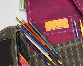 Waxed Canvas pencil roll case - artist roll - painter organizer - 24 compartments - 010324