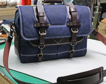 Waxed Canvas Briefcase Messenger bag - handmade by Alex M Lynch - 010266