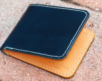 Cartera para hombre de cuero cosido a mano - Cuero curtido vegetal - Buttero azul marino y natural de Conceria Walpier - 010218