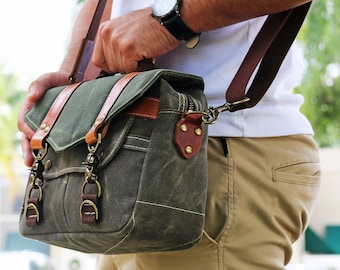 PETITE Waxed Canvas small Messenger bag - zippered cross body bag handmade by Alex M Lynch - 010326