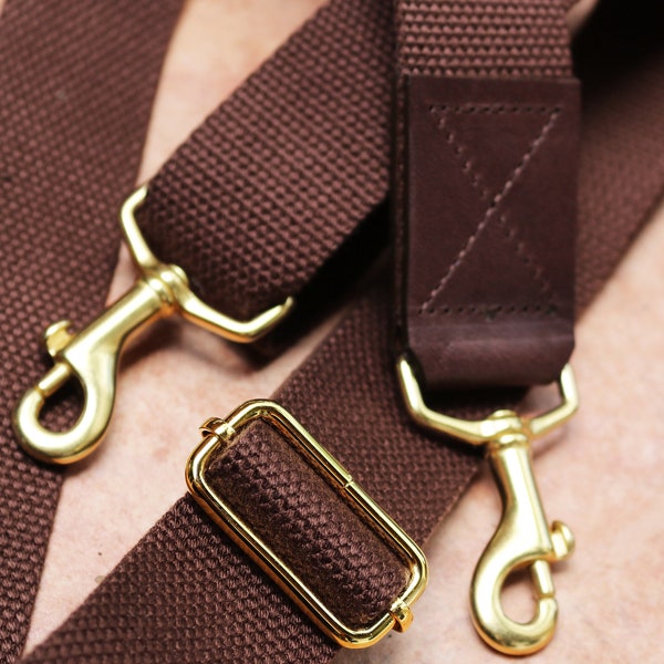 1.50 in wide SOLID BRASS - Brown adjustable cotton webbing shoulder strap with leather accent - Natural brass finish