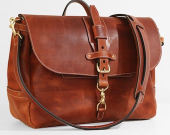 16" Horween Dublin Leather Messenger bag - English Tan - adjustable closure - handmade by Alex M Lynch - 010330