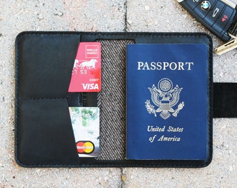 Black Leather Passport holder - hand stitched wallet - FREE shipping in USA - Horween Dublin Leather - 010164