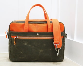 Unisex vegan Waxed Canvas Briefcase bag - Orange - handmade by Alex M Lynch - 010138