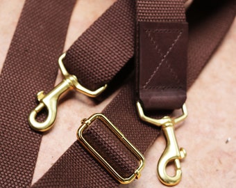 1.50 in wide SOLID BRASS - Brown adjustable cotton webbing shoulder strap with leather accent - Natural brass finish