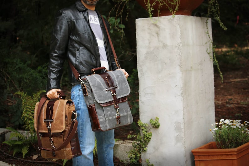 Vertical laptop messenger bag leather and waxed canvas 010115 image 9