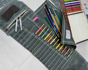 Waxed Canvas pencil roll case - artist roll - painter organizer - 24 compartments - roll up pencil case - 010324