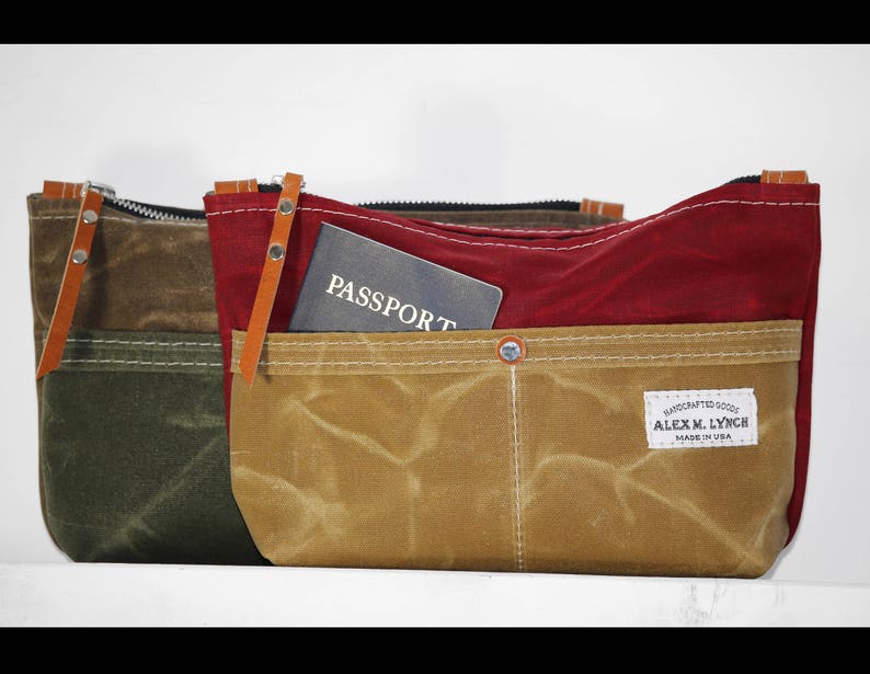 made in USA Zippered heavy canvas pouch with front pockets and leather accents by AlexMLynch
