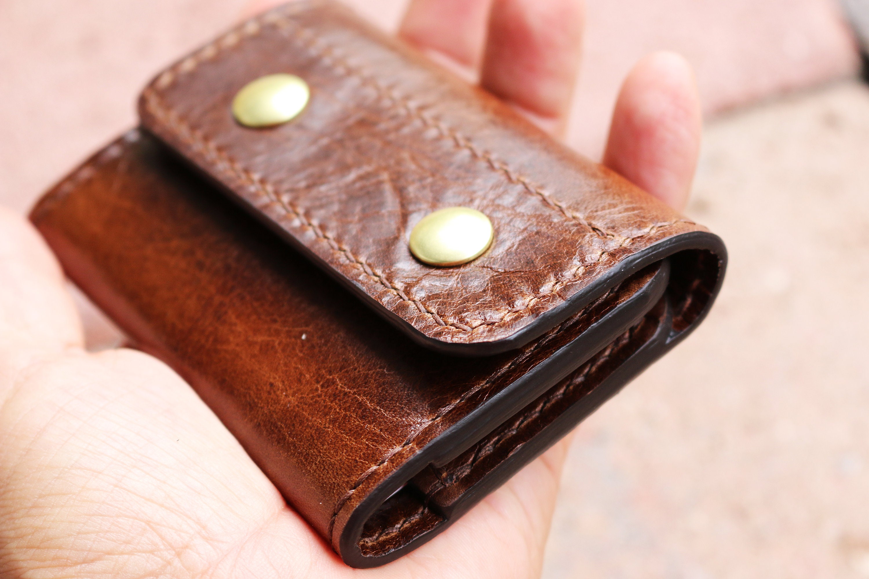 Distressed Leather - Small Snap Card Wallet - Free Shipping