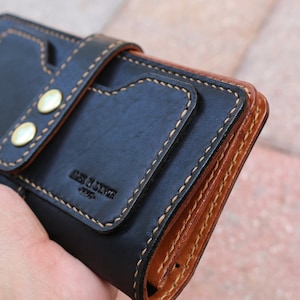 Horween + Buttero Cartera plegable de cuero - cartera larga de cuero - Negro + Castaño - 010237