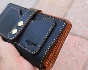 Horween + Buttero Leather bifold wallet - leather long wallet - Black + Chestnut - 010237