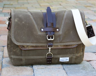 Waxed Canvas Messenger bag - handmade - FIELD TAN + leather accents + Natural shoulder strap 010026