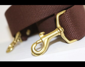 1.50 in wide - Brown adjustable cotton webbing shoulder strap - solid brass - Cross Body Messenger