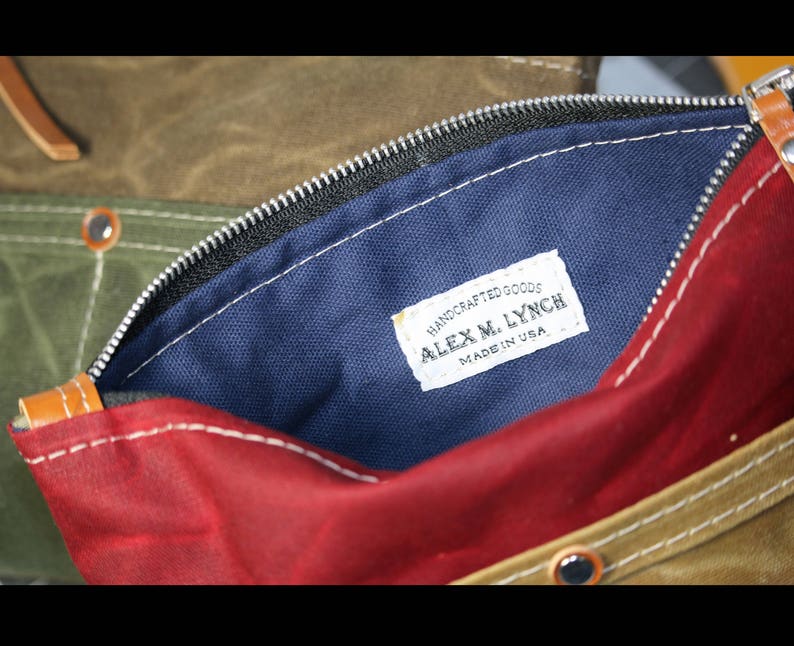 made in USA Zippered heavy canvas pouch with front pockets and leather accents by AlexMLynch