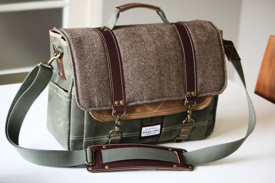 Waxed Canvas and Herringbone Messenger Bag Laptop Bag Handmade by Alex