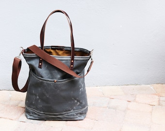 Waxed Canvas tote - heavy weight water resistant and genuine leather accents - 010240