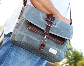 Waxed Canvas Messenger bag - handmade - CHARCOAL + leather accents + brown shoulder strap 010026