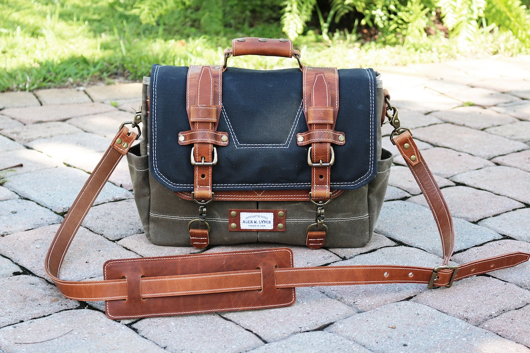 Waxed Canvas Messenger Bag Men Satchel Bag With Full Grain