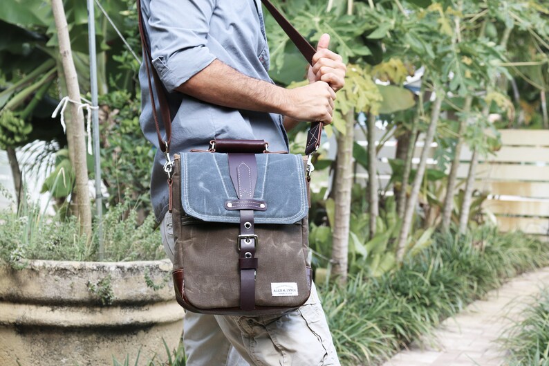 Waxed Canvas vertical Messenger bag handmade 010033 Etsy