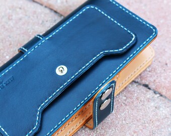 Buttero Cartera plegable de cuero italiano - cartera larga de cuero - azul marino y natural - 010208