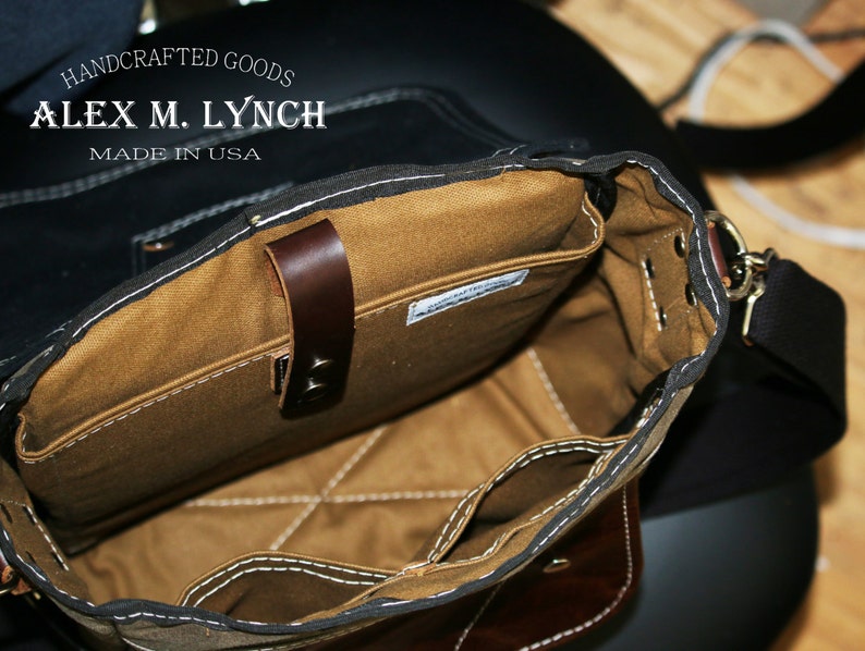 Vertical laptop messenger bag leather and waxed canvas 010115 image 8