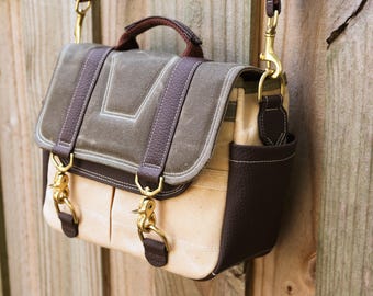 vegan PETITE Waxed Canvas Messenger bag - vegan leather - Solid Brass Hardware by Alex M Lynch - 010263