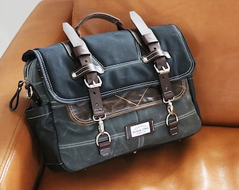 Waxed Canvas Briefcase Messenger bag - handmade by Alex M Lynch - 010295