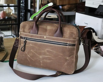 Waxed Canvas Briefcase bag with luggage attachment - antique brass hardware - handmade by Alex M Lynch - 010332