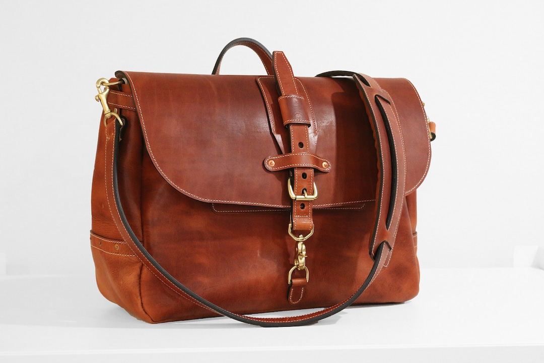 16 Horween Dublin Leather Messenger Bag English Tan Adjustable Closure Handmade by Alex M Lynch
