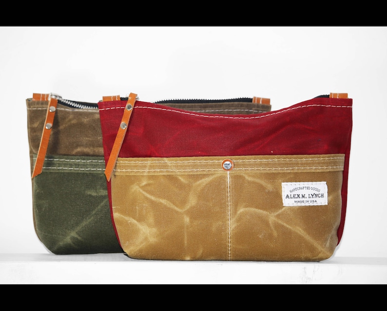 made in USA Zippered heavy canvas pouch with front pockets and leather accents by AlexMLynch