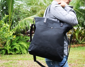 Bolso tote de lona encerada - resistente al agua y de gran peso con detalles de cuero genuino - 010240
