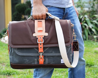 Waxed Canvas Messenger bag - briefcase - Military style + genuine leather accents - charcoal grey Orange - 010090