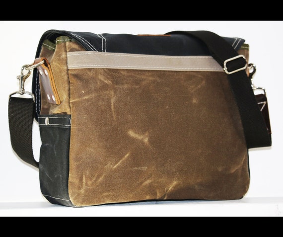 Waxed Canvas Messenger Bag - Handmade - FIELD TAN + BLACK +