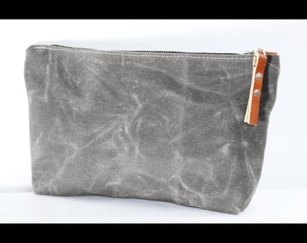 Unisex Zippered heavy canvas pouch with leather accents by AlexMLynch - made in USA