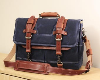 Waxed Canvas Messenger bag - Horween leather accents - handmade by Alex M Lynch - 010276
