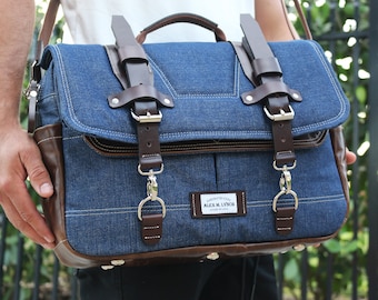 Denim aktetas Messenger bag - handgemaakt door Alex M Lynch - 010144