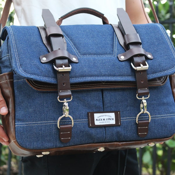 Denim Briefcase Messenger bag - handmade by Alex M Lynch - 010144
