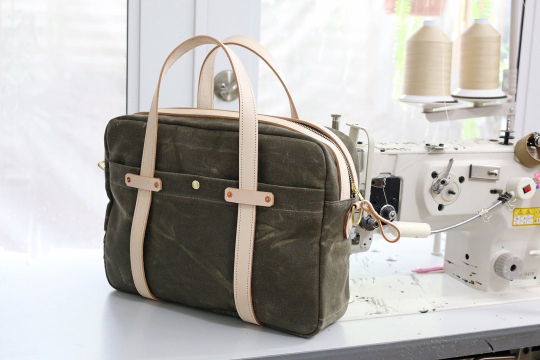 Waxed Canvas Briefcase Bag Natural Veg Tanned Leather Handmade by Alex