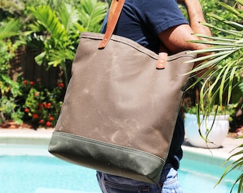 customizable Waxed Canvas tote, large tote bag, heavy weight water resistant - 010234