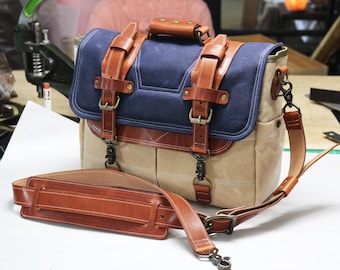 Waxed Canvas Messenger bag - Horween leather accents - handmade by Alex M Lynch - 010314