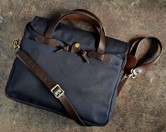 100% cotton Rugged Twill + Bridle Leather + brass Briefcase bag - 010192