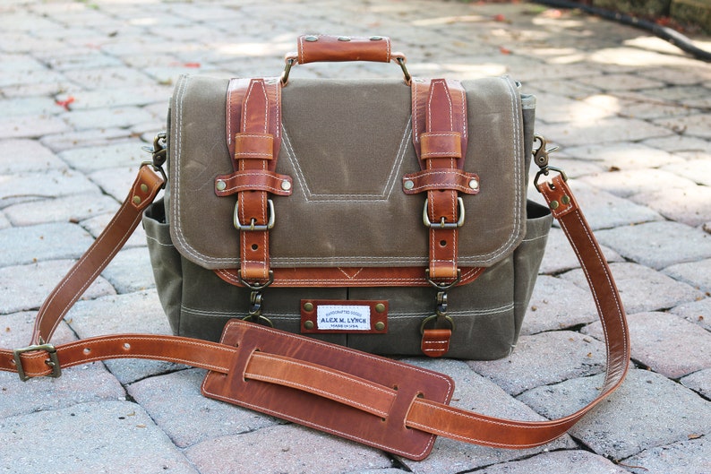 Waxed Canvas Messenger bag Horween leather accents handmade by Alex M Lynch 010310 image 1