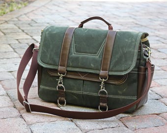 VEGAN Waxed Canvas Messenger bag - laptop bag handmade by Alex M Lynch - 010048