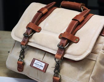 Waxed Canvas Messenger bag - Horween leather accents - handmade by Alex M Lynch - 010310