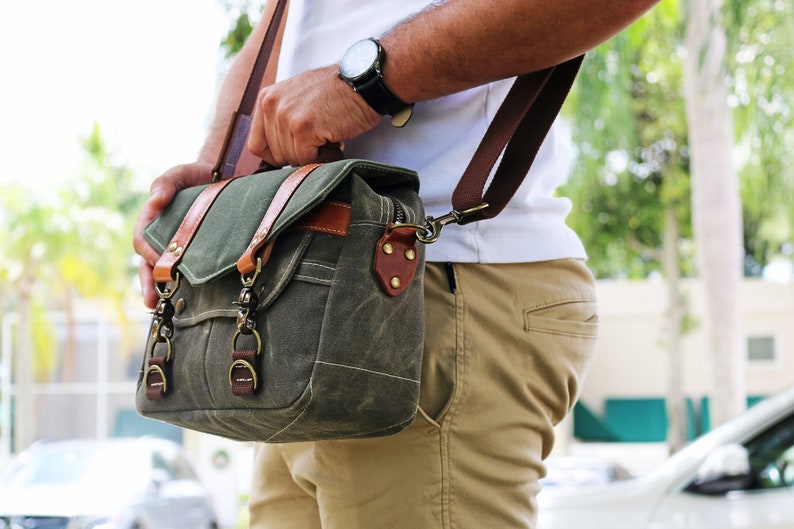 PETITE Waxed Canvas small Messenger bag zippered cross body bag handmade by Alex M Lynch 010326 image 1