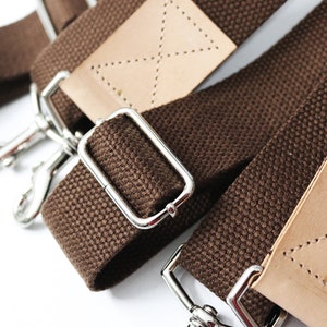 1.50 in wide Brown adjustable cotton webbing shoulder strap with leather accent Cross Body Messenger antique brass hardware image 4