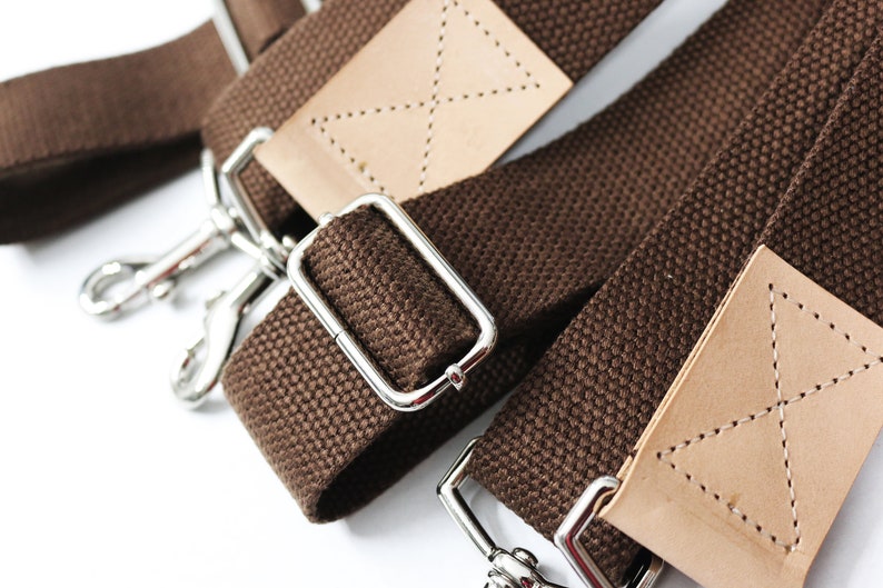 1.50 in wide Brown adjustable cotton webbing shoulder strap with leather accent Cross Body Messenger antique brass hardware image 4